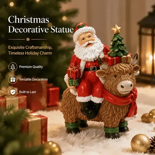 Santa Riding Highland Cow Resin Figurine | Hand-Painted Cute Design, Red Scarf & Mini Christmas Tree Accents, Festive Desktop Décor