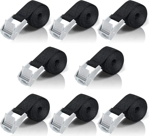 8 High Quality Tie-Down Straps - 20mm X 1m - Lashing Straps / Bicycle Tie-Down Straps with Clamp Buckle - Tie-Down Straps with Metal Buckle - Durable - Sturdy - Portable - Tear-Resistant - Black - Tie-Down Straps - Fastening Straps