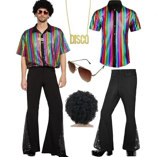 S size Men's 70s Disco Costume Set - Colorful Plaid shirt with Black Bell Bottom Pants & Accessories, Retro Polyester Dance Outfit for Parties and Halloween
