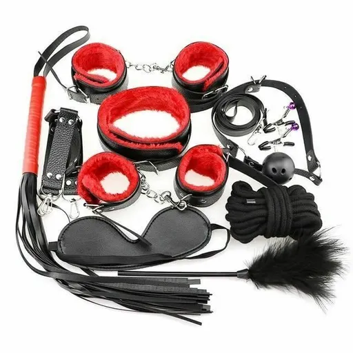 House Of Dasein Bondage Starter Kit 10 Pieces Gag Flogger Restraints Blindfold Cuffs Collar - Black Red - Kit