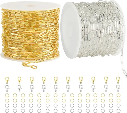 2 Rolls Paperclip Chain for Jewelry Making 32.8 Feet Jewelry Chain Links Silver and Gold Chains Bulk with Lobster Clasps and Jump Rings for DIY Craft Finding Jewelry Making Supplies