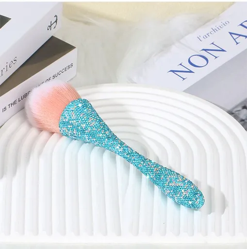 Handmade Rhinestone Powder Brush for Makeup and Nail Dust Cleaning, Soft Fluffy Nylon Bristles with Gradient Pink, Elegant Waist Design for Daily Beauty and Salon Use (Blue)