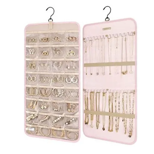 Hanging Jewelry Organizer, Necklace Earring Ring Holder, Double Sided Jewelry Storage Roll, Clear Pockets Necklace Hooks Organizer, Wall Door Closet Jewelry Hanger for Necklaces Earrings Rings