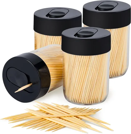 Sturdy Safe Toothpick Holder with 1600 Natural Wood Toothpicks for Teeth Cleaning, Unique Home Design Decoration, Unusual Gift, 4 Pack (Black)