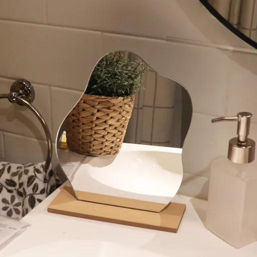 Irregular Aesthetic Vanity Mirror Frameless, Decorative Desk Tabletop Acrylic Mirrors with Wooden Stand - Cloud Shape