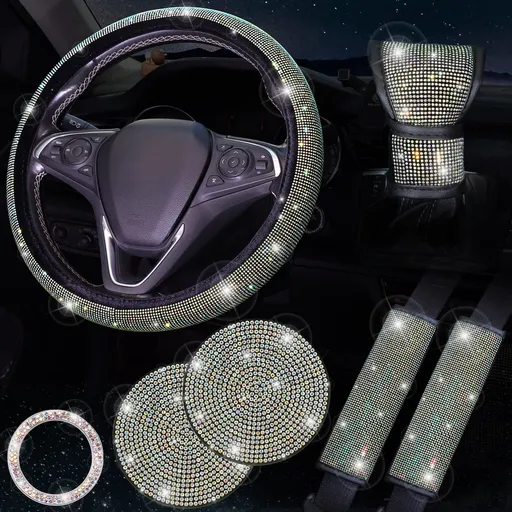 Colorful 7-Piece Car Interior Decoration Set – Crystal Rhinestone Steering Wheel Cover, Gear Shift Cover, Seat Belt Pads, Cup Coasters & Ignition Switch Cover