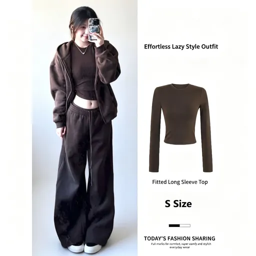 Coffee Crew Neck Long Sleeve Basic Tee Women Size S, Soft Fitting Inner Layer Top, Versatile Daily Layering Shirt