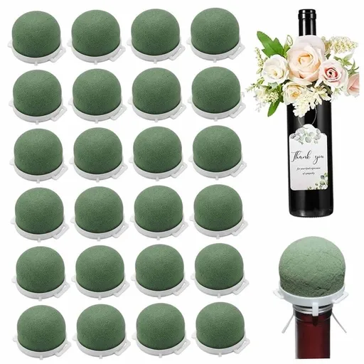 Mini Floral Foam, 24PCS Round Floral Foam for Wine Bottle, Half-Sphere Flower with Adhesive Base, Quick Water Absorption for Wedding, Party, Home Decor (Green)