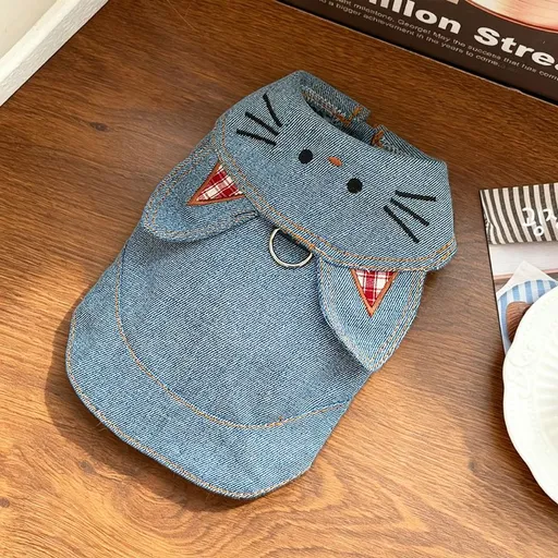 Cat Denim Vest with Leash and Ears Cat Ear Denim Jacket (Leash-Attached) XL (Chest 50cm, Weight 12-15 jin)
