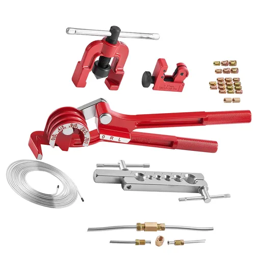 Brake Line Repair Kit, 45° Single Brake Line Flaring Tool Kit, 7.6m x 4.76mm Copper-Coated Brake Line with 20 Fittings & 2 Unions, 3-in-1 Tube Bender, Tube Cutter Included