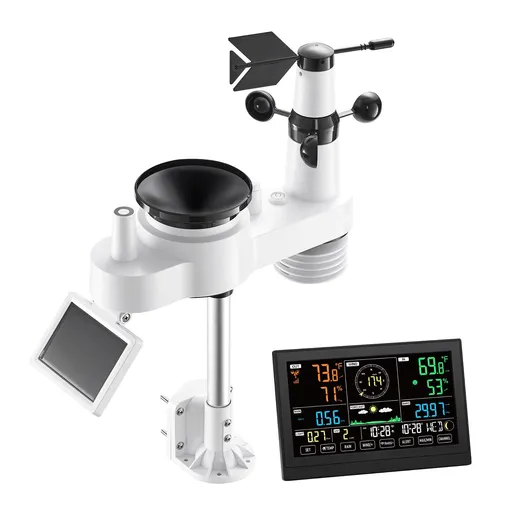 7-in-1 Wi-Fi Weather Station with APP, 190.5 mm VA Display, Wireless Solar Powered Outdoor Sensor, Rain Gauge, Indoor Outdoor for Weather Forecast, Wind Speed, Temperature, Humidity, Rainfall