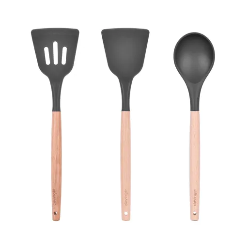 3 Pcs Beechwood & Silicone Kitchen Cooking Utensils Set - Turner/Spoon/Slotted Turner - Charcoal