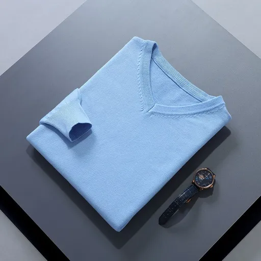 Men V Neck Pullover Knitwear Loose Long Sleeve Light Blue