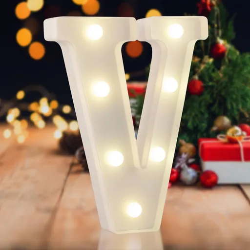 Sign letter V, warm white, 26 letters, 10 numbers, heart and & symbol; for birthday, party, Christmas, home, bar, wedding decoration; DIY word combinations; wall & tabletop display; battery operated.
