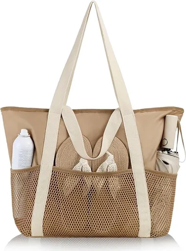 Women's Beach Bag, Beach Bag for the Whole Family, Waterproof Mesh Beach Bag, Fashionable and Versatile Bag for Beach, XXL Brown