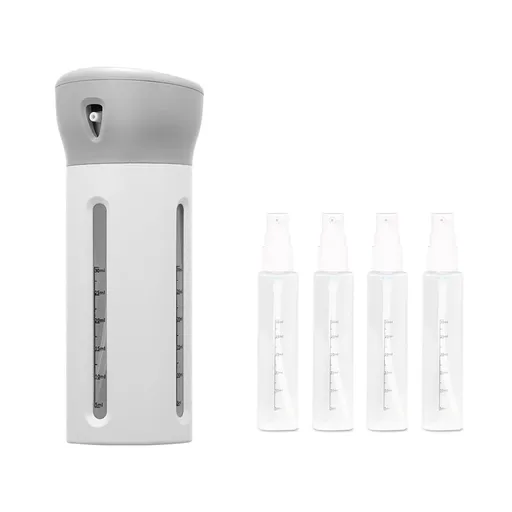 4 in 1 Travel Dispenser - Refillable Portable Solution Dispenser with 4 Dispenser for Toiletries, Shampoo, Lotion, Body Wash(Gray)