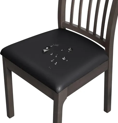 FORCHEER Waterproof PU Leather Chair Seat Covers Set of 4 Black Stretch Dining Room Chair seat Covers Kitchen Chair Seat Slipcovers 18inch Removable Washable