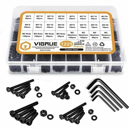 1225 Pcs Kit M2 M3 M4 M5 Carbon Steel Hex Socket Head Cap Bolts Screws with Nuts Assortment, Black