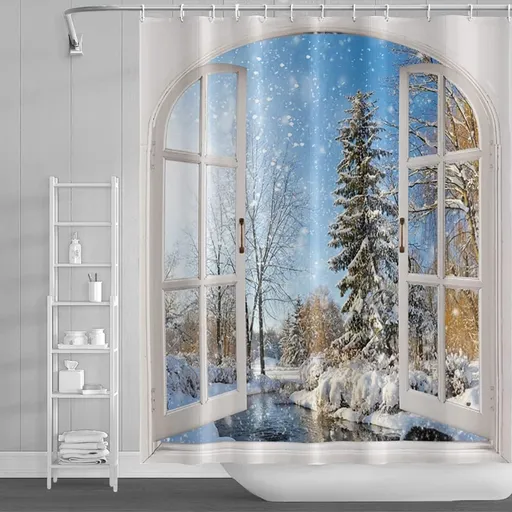Winter Snow Scene Shower Curtain 180cm x 180cm Blue Sky Christmas Tree River Holiday Bath Curtain