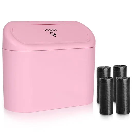 Car Trash Can with Lid, Leakproof Vehicle Garbage Organizer Holder Bin with 60 Pack Trash Bags, Mini Auto Dustbin Accessories Storage Container for Vans, SUVs, Office (Pink)