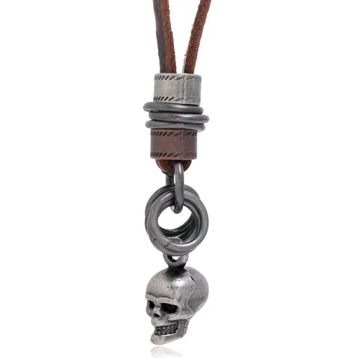 Classic Skeleton Brown Genuine Leather Pendant Necklace Skull Steampunk Chunky Pendants Jewelry for Men Choker
