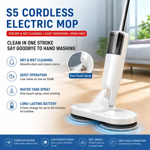 S5 White Cordless Electric Spin Mop with Spray Function USB Rechargeable Floor Cleaner - Dual Rotating Mop Heads, Wet and Dry Cleaning, Lightweight Home Cleaning Solution for Hard Floors