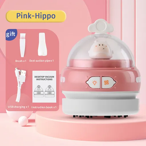 Pink-Hippo Mini Animal Desktop Vacuum Cleaner - USB Rechargeable, Night Light, 2-Speed Suction, Detachable & Washable - Portable Handheld Cleaner for Keyboard, Eraser Shavings, Desk