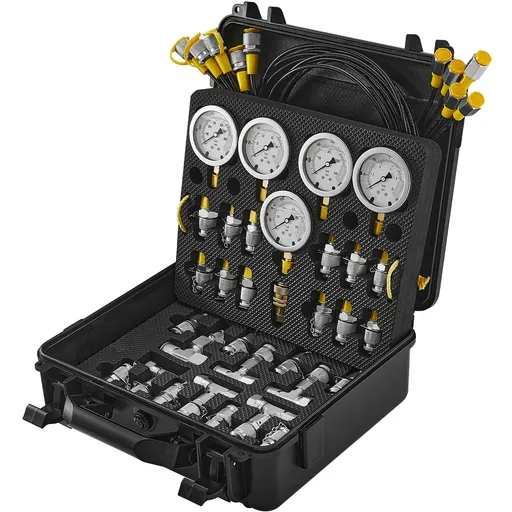 Hydraulic Pressure Test Kit, 10/100/250/400/600bar, 5 Gauges 13 Couplings 14 Tee Connectors 5 Test Hoses, Excavator Hydraulic Test Gauge Set with Carrying Case for Excavator Tractors Machinery