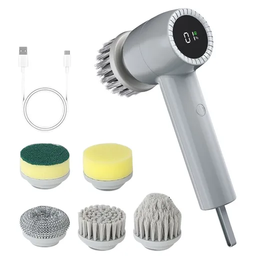 Electric Spin Scrubber Cordless Power Scrubber with 5 Replaceable Brush Heads LCD Shower Cleaning Brush for Bathroom Car White