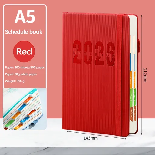 2026 Weekly Planner Notebook, Daily Planner Hardcover Calendar with Tabs and Pen Strap, 200 Pages Journaling Notebooks Daily Time Management Plan for Office Work(Purple) Red