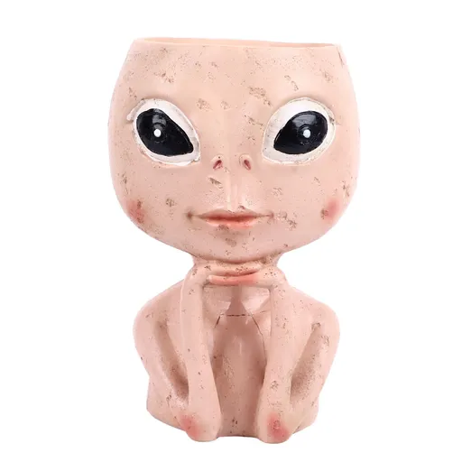 Head Planter Resin Unique Succulent Flower Pot Open Eyed Alien Face Planter Desktop Ornament with Drainage Hole for Indoor Outdoor Decoration