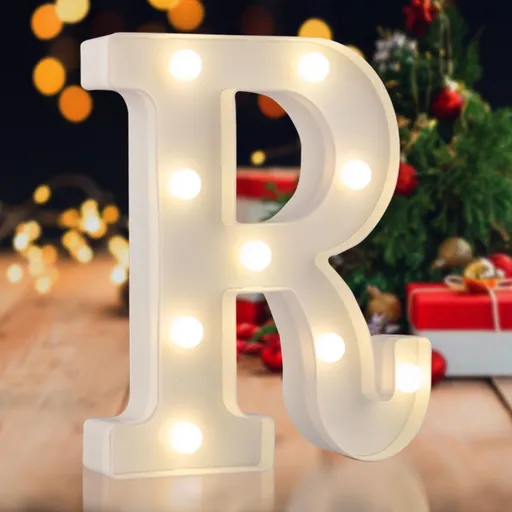 Sign letter R, warm white, 26 letters, 10 numbers, heart and & symbol; for birthday, party, Christmas, home, bar, wedding decoration; DIY word combinations; wall & tabletop display; battery operated.