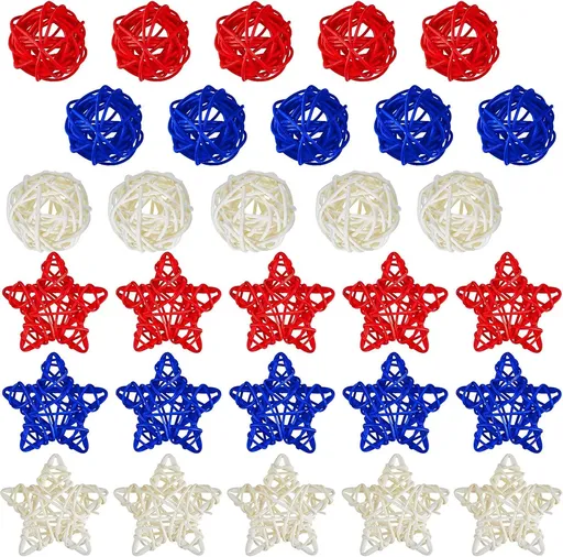 30 Pcs 4th o July Rattan Ball Decorations, Patriotic Red Blue White Stars or USA 250th Anniversary Home Decor Memorial Independence Day Crat Vase Bowl iller Table Party Decorative Supplies