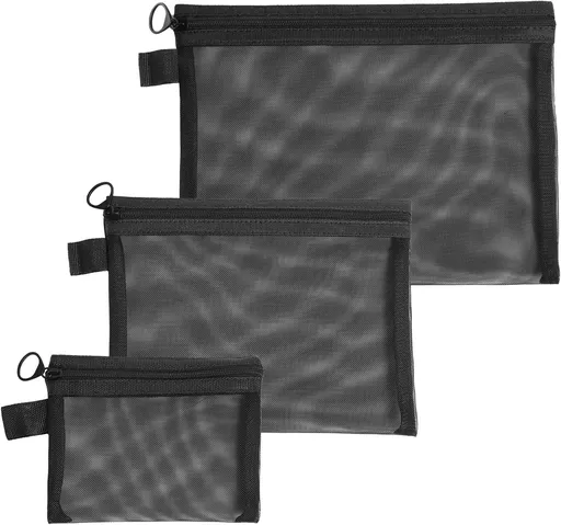 3 Pack Mesh Cosmetic Pouches with Zippers, Lightweight Makeup and Toiletry Organiser Bags for Daily Essentials, Travel and Small Accessories, Black