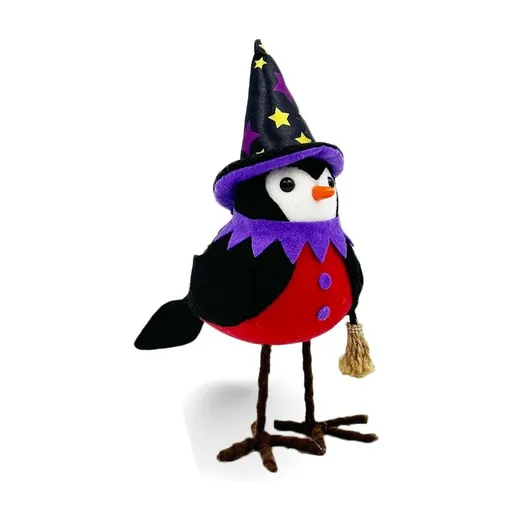 Halloween Fabric Bird Figurine, Tabletop Centerpiece Decor, Plush Stand Up Bird Dolls with Witch Hat, Halloween Fabric Standing Figurine, Handmade Bird Ornaments Rustic Autumn Decoration