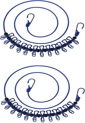2 Pack 5.84 Feet Windproof Clothesline with 12 Blue Clips, Adjustable Clothes Line for Home, Travel and Outdoor Hanging Clothes