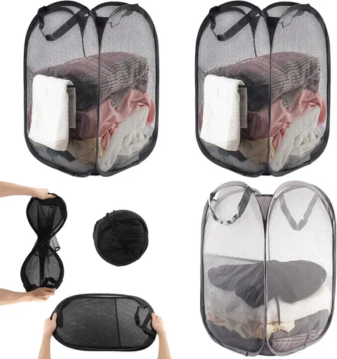 3 Pieces Pop Up Laundry Baskets, Foldable Portable Clothes Hampers for Bathroom, Bedroom, College, Camping and Travel, Black, 36 x 36 x 58 cm