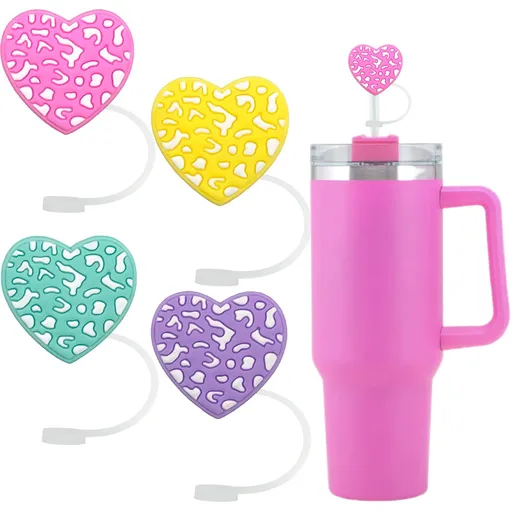 Cover for Tumbler,10mm Pink Straw Topper,Leopard Heart Straw Cover Cap for Cup Accessories Cute Love Straw Cover for Cup