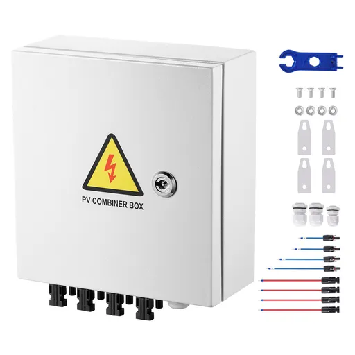 PV Combiner Box, 4 String, Solar Combiner Box with 15A Rated Current Fuse 63A Circuit Breaker Lightning Arrester and Solar Connector, Steel Case for On / Off Grid Solar Panel System, IP65