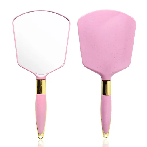 Handheld Mirror with Handle, Cute Hand Mirror Makeup Mirror Small Mirror with Hook Hole for Travel Home Bedroom Bathroom (Pink)