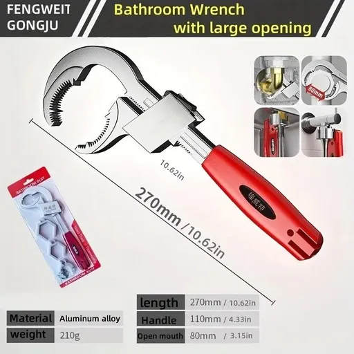 Large-Open Adjustable Basin Wrench, 3-Head Interchangeable Tight-Space Plumbing Tool, Aluminum Alloy Anti-Slip Home Maintenance Tool(Red handle)