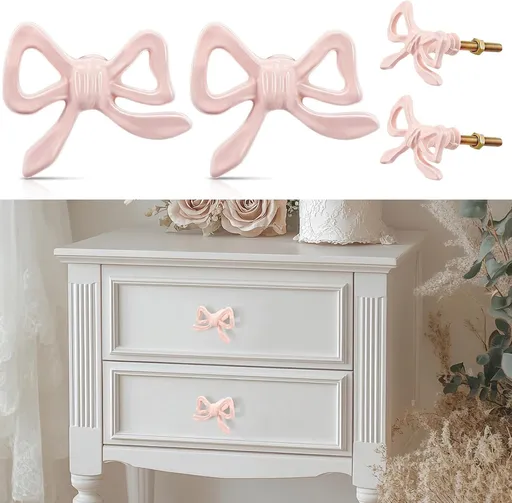 2 Piece Pink Bow Drawer Knobs for Dresser and Wardrobe