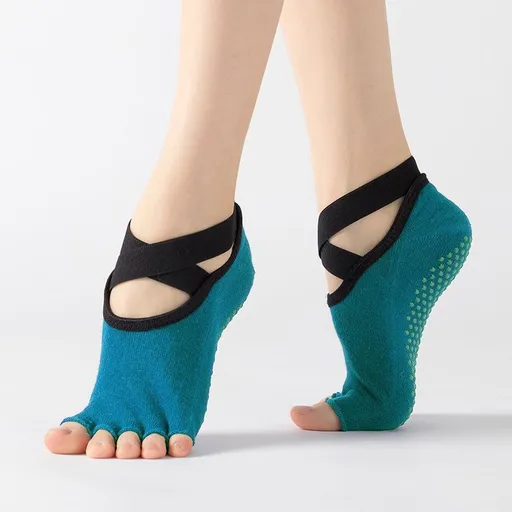 Women's Five Toe Yoga Socks Open Toe Non Slip Grip Socks Pilates Ballet Dance Fitness Exercise Socks Ink Blue