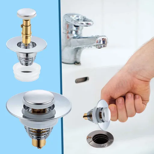 Universal Bathroom Sink Stopper, Bathtub Pop-Up Stopper with Strainer, Tub Plug with Hair Catcher, Push Type Basin Drain, Silver, Size S