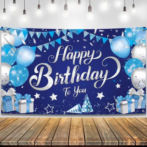 Silver and Blue Happy Birthday Backdrop,2x44 Inch | Happy Birthday Banner for Men | Blue Birthday Banner, Happy Decorations