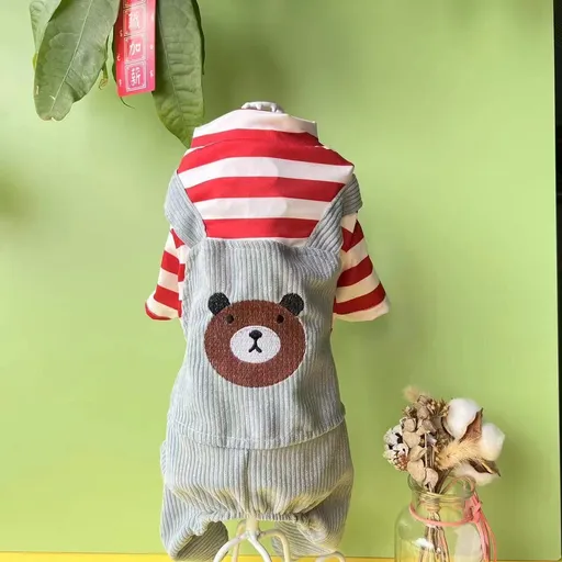 Dog Clothes, Striped Bear Four-Legged Jumpsuit Red, Suitable for Small Dogs, S