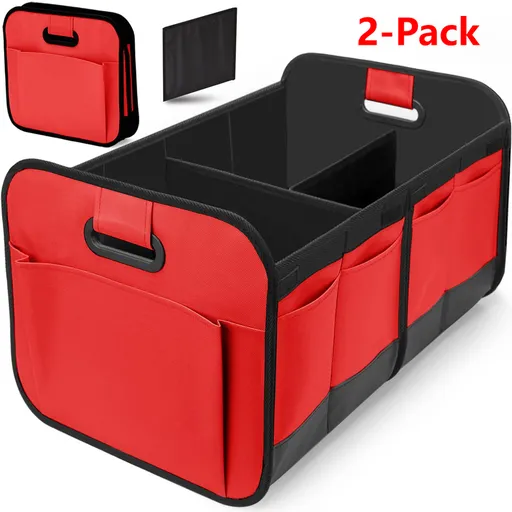 2-Pack - 3-Compartment Foldable Oxford Car Trunk Organizer, Waterproof Storage Bin for Vehicles and Under Beds—Red