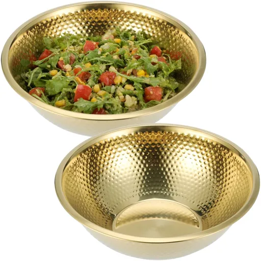 2PCS Golden Hammered Stainless Steel Salad Bowls, Large Round Mixing Bowls 12.8 x 4.3 in, Decorative Metal Serving Container for Fruit Salad Snacks Dessert Kitchen and Party Use