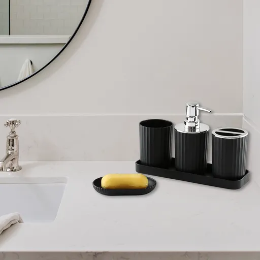Bathroom Accessory Set of 5, Plastic Bathroom Sink Set with Soap Dispenser and Toothbrush Holder, for Bath Countertop Decoration, Contain Toothbrush Holder Set, Soap Dispenser Dish Gray
