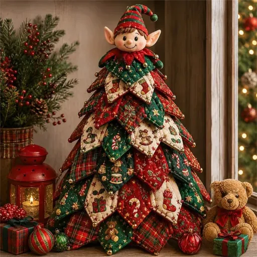 Elf Themed DIY Fabric Quilted Christmas Tree Kit for Handmade Layered Festive Tabletop Tree, Christmas Home Decor and Holiday Craft Gift
